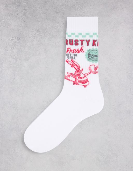 ASOS DESIGN – <em>SpongeBob</em>-Sportsocken in Weiß mit „Krusty Krab“-Burger-Motiv