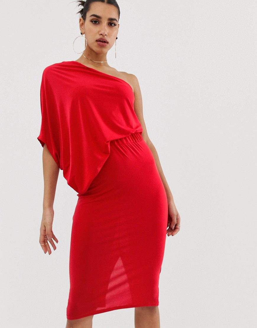 ASOS DESIGN – En bar axel – Draperad fodralklänning-Röd