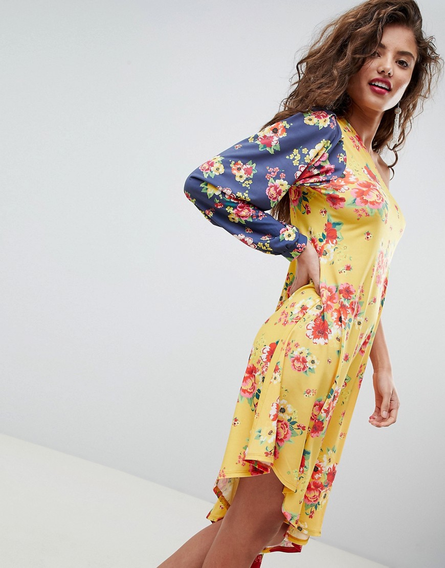 ASOS DESIGN – En bar axel – Midiklänning med blommönstrade färgblock-Flerfärgad