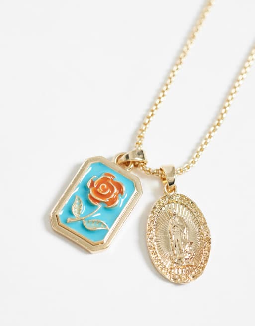 ASOS DESIGN enamel rose and St Chris double pendant necklace in gold, 3 of 4