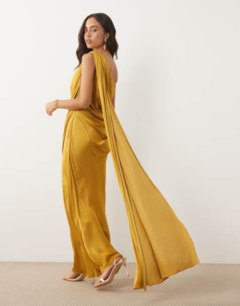 ASOS DESIGN enaxlad draperad satinklänning med rynkning i ockra, maxi - view 1