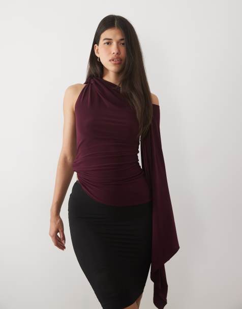ASOS DESIGN enaxlad draperad top med ängelärm i plommon - view 1