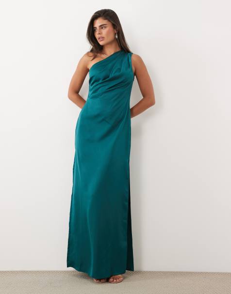 ASOS DESIGN enaxlad maxiklänning i satin med veckdetalj i teal - view 1