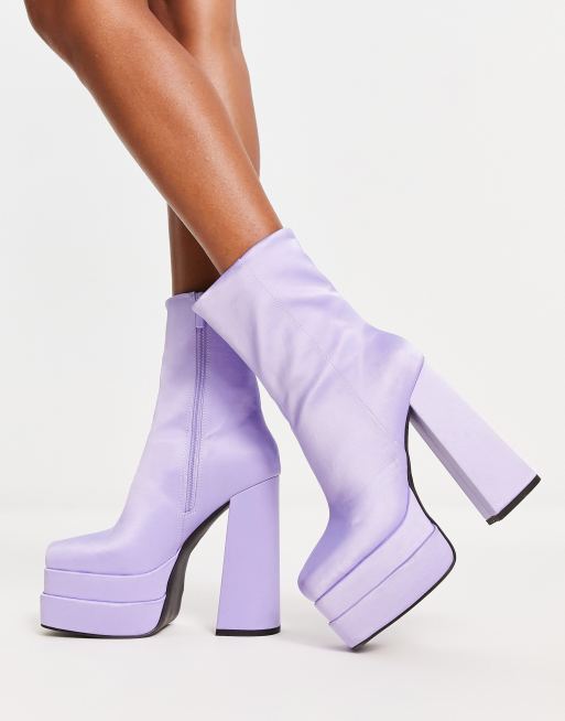 ASOS DESIGN Encore high-heeled platform boots in lilac satin, 4 of 4