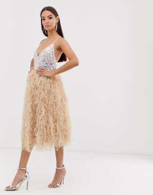 feathered midi dress