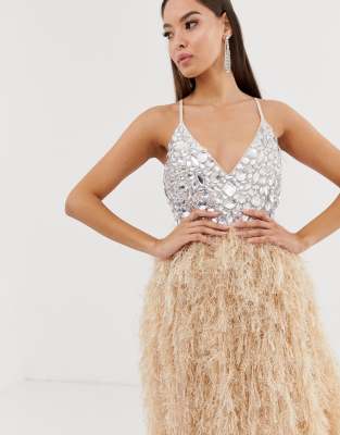 asos edition embellished showgirl midi dress with faux feathers