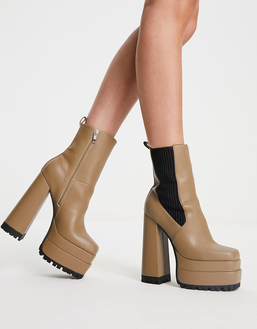 ASOS DESIGN Endgame high-heeled platform chelsea boots in tan-Green