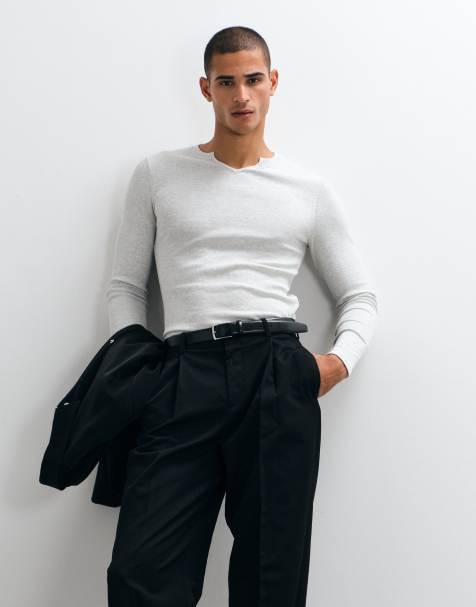 ASOS DESIGN eng anliegendes Langarm-T-Shirt mit gekerbtem Ausschnitt in Grau meliert - view 1
