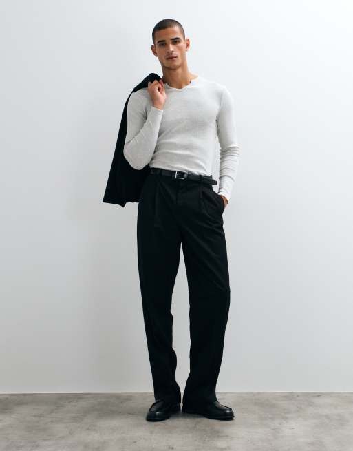 ASOS DESIGN eng anliegendes Langarm-T-Shirt mit gekerbtem Ausschnitt in Grau meliert, 2 von 5