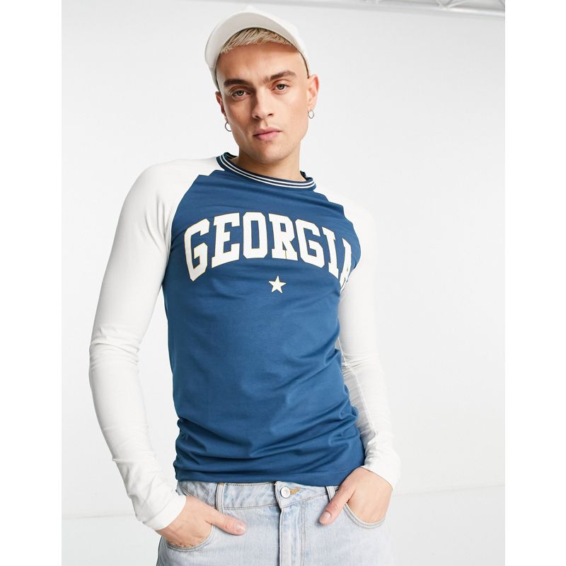 DESIGN – Eng anliegendes, langärmliges T-Shirt in Marineblau mit „Georgia-Aufdruck