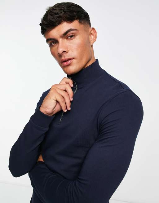 ASOS DESIGN – Eng anliegendes Sweatshirt mit halblangem Reißverschluss in Marineblau