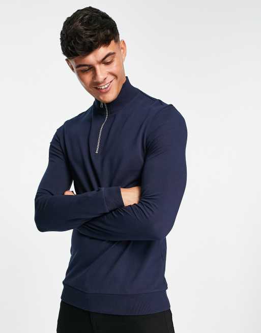 ASOS DESIGN – Eng anliegendes Sweatshirt mit halblangem Reißverschluss in Marineblau, 3 von 4