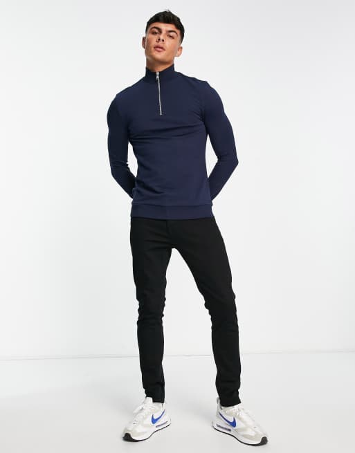 ASOS DESIGN – Eng anliegendes Sweatshirt mit halblangem Reißverschluss in Marineblau, 4 von 4