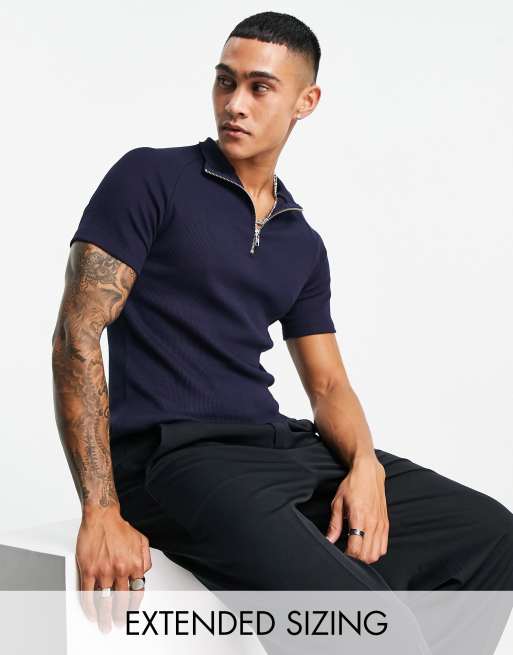 ASOS DESIGN – Eng anliegendes T-Shirt mit Waffelstruktur in Marineblau mit Reißverschluss am Ausschnitt