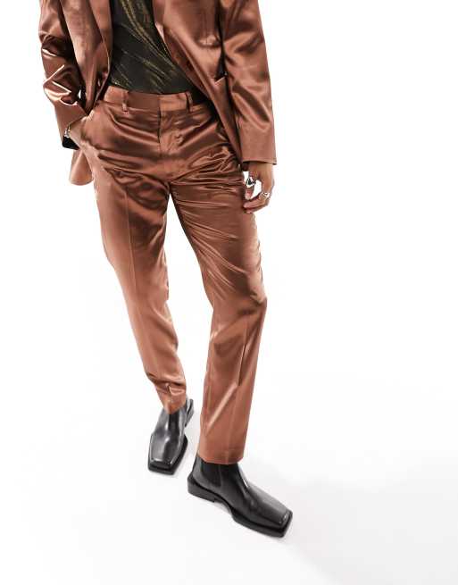 ASOS DESIGN – Eng geschnittene Anzughose aus Satin in Gold