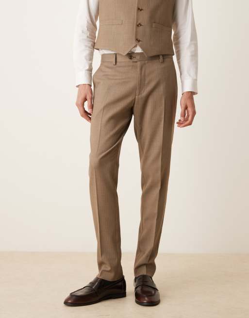 ASOS DESIGN – Eng geschnittene Anzughose in Beige in Wolloptik mit Fischgrätmuster, 2 von 5