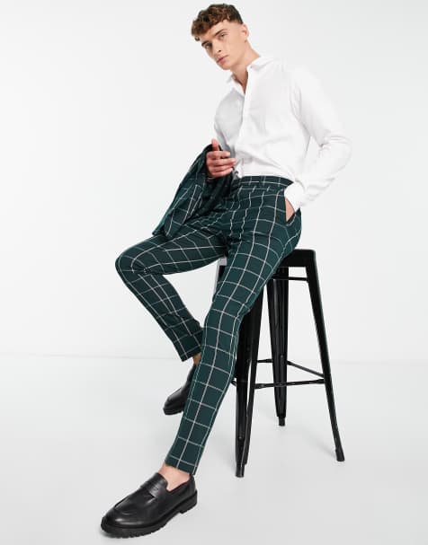 ASOS DESIGN – Eng geschnittene Anzughose in dunklem Blaugrün mit großem Karomuster - view 1