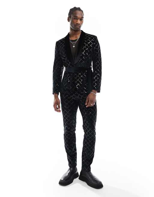 ASOS DESIGN – Eng geschnittene Anzughose in Schwarz mit rautenförmigem Paillettenbesatz
