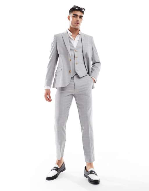 ASOS DESIGN – Eng geschnittene Anzugjacke aus Leinenmix in Grau mit farblich abgestimmtem Karomuster, 3 von 5