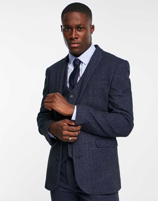 ASOS DESIGN – Eng geschnittene Anzugjacke aus Wollmix in Navy mit Fischgrätmuster
