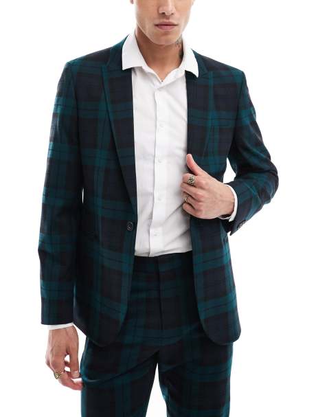 ASOS DESIGN – Eng geschnittene Anzugjacke in Dunkelgrün mit Schottenmuster - view 1