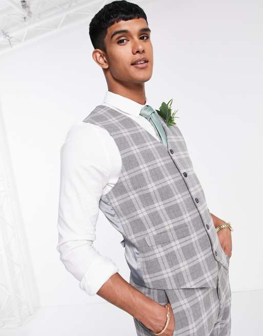 ASOS DESIGN – Eng geschnittene Anzugweste aus Wollmischung mit grauem Schottenkaro