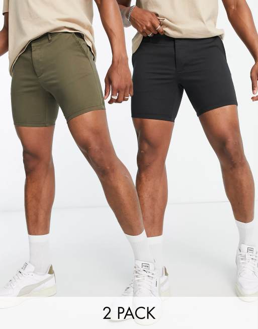 ASOS DESIGN – Eng geschnittene Chino-Shorts in Khaki und Schwarz im 2er-Sparpack
