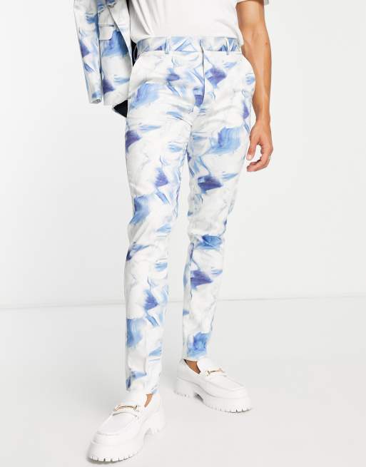 ASOS DESIGN – Eng geschnittene, gemusterte Anzughose in Weiß und Blau 