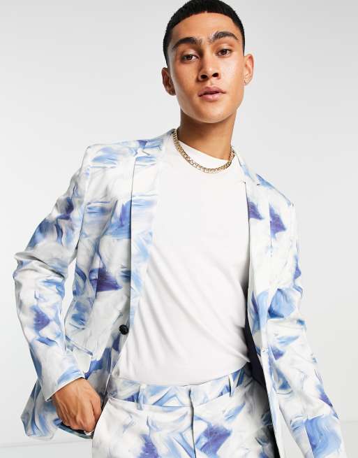 ASOS DESIGN – Eng geschnittene, gemusterte Anzugjacke in Weiß und Blau 