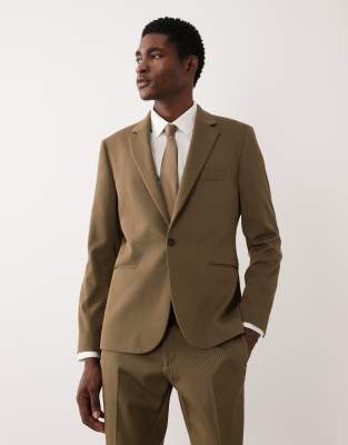 Eng geschnittene Twill-Anzugjacke aus Baumwollmix in Khaki-Grün Grün 54 Regular