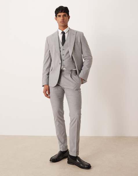 ASOS DESIGN – Eng geschnittener Anzug aus Flanell in Grau mit Fischgrätmuster - view 1