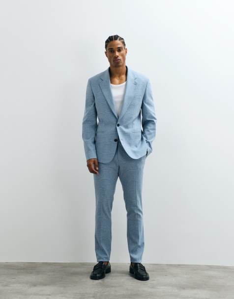 ASOS DESIGN – Eng geschnittener Anzug aus Leinenmix in Blau mit Gitterkaros - view 1