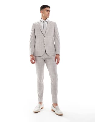 ASOS DESIGN – Eng geschnittener Anzug in Beige mit großem Karomuster - view 1