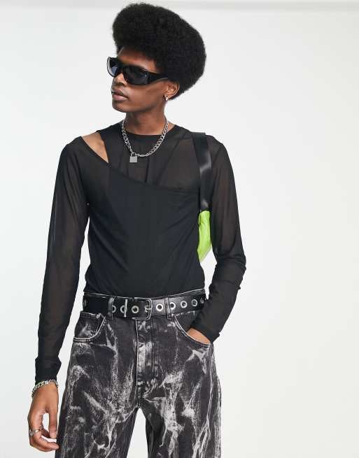 ASOS DESIGN – Eng geschnittener, langärmliger Body aus mehrlagigem Netzstoff in Schwarz mit Zierausschnitt 
