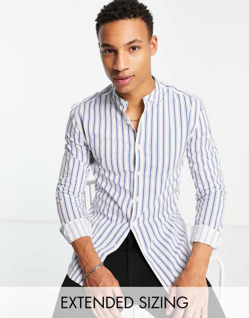 ASOS DESIGN – Eng geschnittenes, gestreiftes Hemd in Blau mit Grandad-Kragen