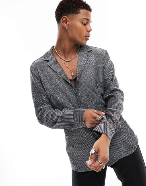 ASOS DESIGN – Eng geschnittenes Hemd in geripptem Silber mit tiefem Reverskragen 