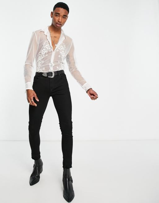 ASOS DESIGN – Eng geschnittenes Netzstoffhemd in Weiß mit verschiedenen Stickereien, 4 von 4