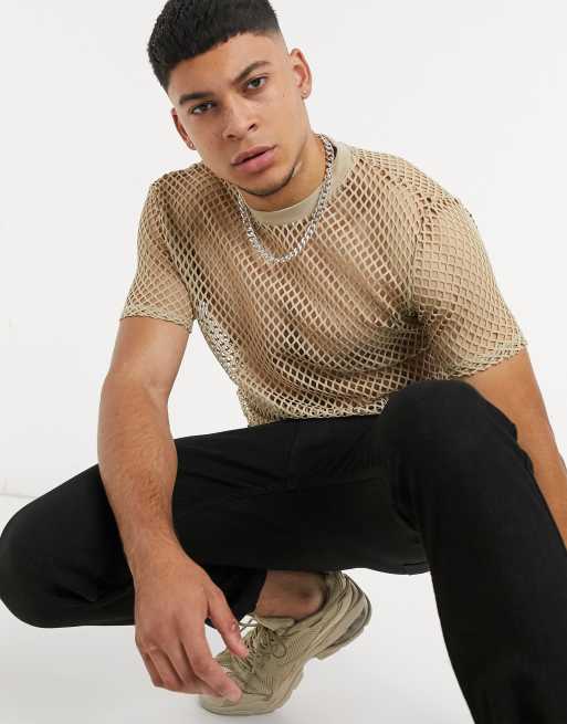 ASOS DESIGN – Eng geschnittenes T-Shirt aus beigem Netzstoff