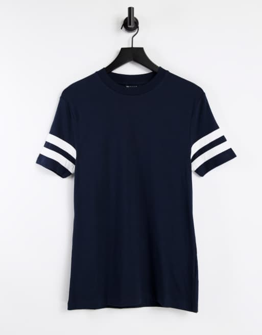 ASOS DESIGN – Eng geschnittenes T-Shirt in Marineblau mit farblich abgesetzten Streifen an den Ärmeln