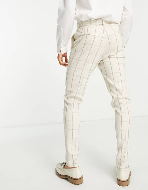 ASOS DESIGN – Enge Anzughose aus Leinenmix in Ecru und Braun kariert , 4 von 4
