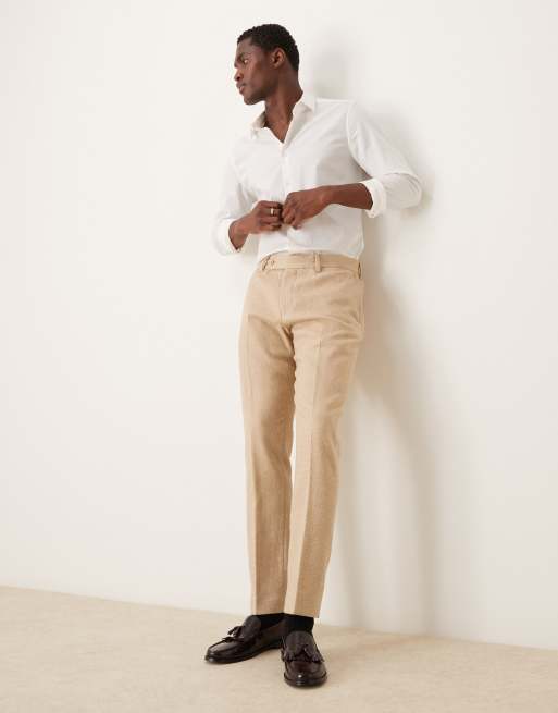 ASOS DESIGN – Enge Anzughose aus Wollmix in Beige mit Hahnentrittmuster