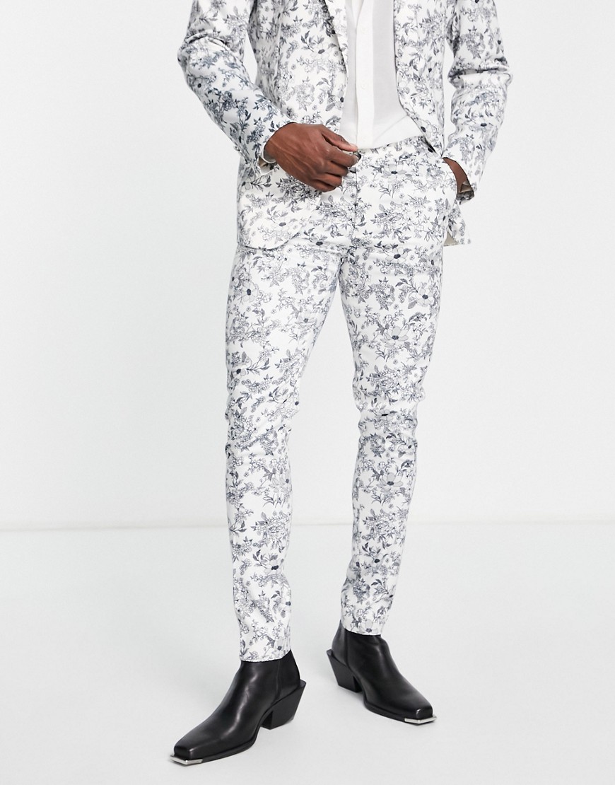 asos design -  – Enge Anzughose mit Jacquard-Blumenmuster in Schwarz und Weiß