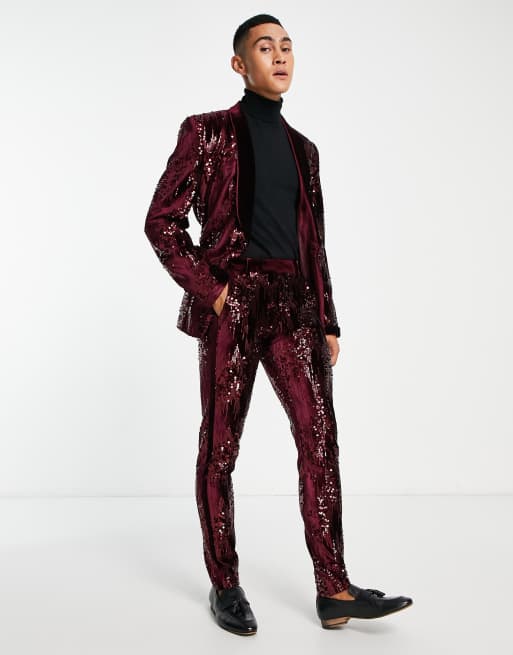 ASOS DESIGN – Enge Anzughose mit Paillettenbestaz in sattem Rot