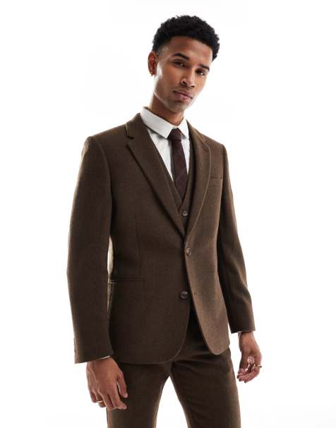 ASOS DESIGN – Enge Anzugjacke aus Wolle und Twill in Braun - view 1