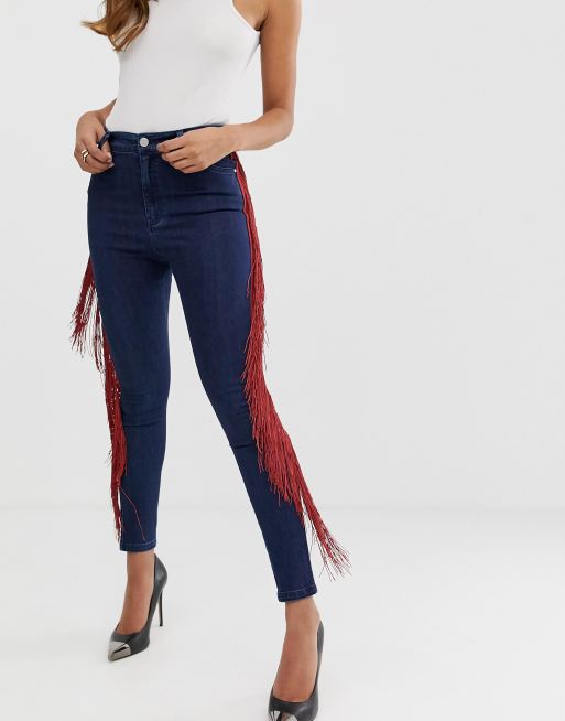 Asos Design Enge Jeans In Dunkler Waschung Mit Hohem Bund Und Seitlichem Fransendetail Asos