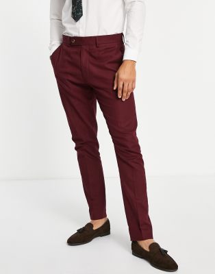 asos design -  – Enge Smoking-Anzughose aus Leinen in Burgunderrot