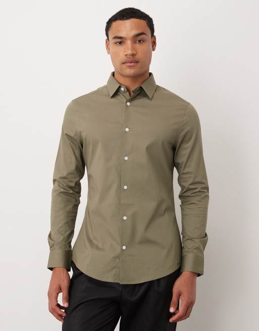 ASOS DESIGN – Enges, geblümtes Stretch-Arbeitshemd in Khaki