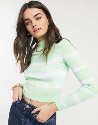 asos design -  – Enges, geripptes Oberteil in verwaschenem Minzgrün mit Streifen in Batikoptik
