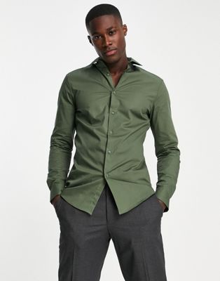 ASOS DESIGN – Enges Hemd in Khaki mit Stretchanteil-Grün