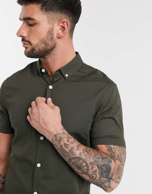 Enges Hemd Button khaki1 down Khaki in mit ASOS DESIGN Kragen kurzärmliges 747w5R
